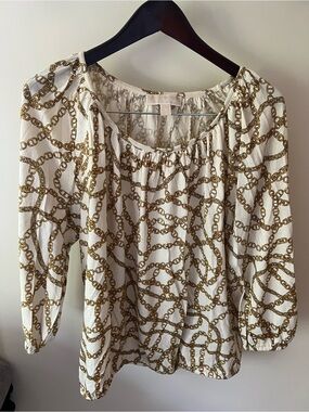Michael Kors Cream Blouse with Gold Chain Print